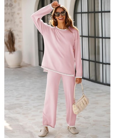 Women's Sweater Sets 2 Piece Outfits Knitted Pullover Jumper and Wide Leg Pants Tracksuit Pink $31.89 Activewear