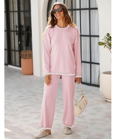 Women's Sweater Sets 2 Piece Outfits Knitted Pullover Jumper and Wide Leg Pants Tracksuit Pink $31.89 Activewear