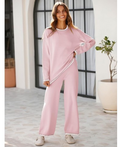 Women's Sweater Sets 2 Piece Outfits Knitted Pullover Jumper and Wide Leg Pants Tracksuit Pink $31.89 Activewear