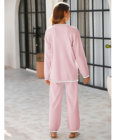 Women's Sweater Sets 2 Piece Outfits Knitted Pullover Jumper and Wide Leg Pants Tracksuit Pink $31.89 Activewear