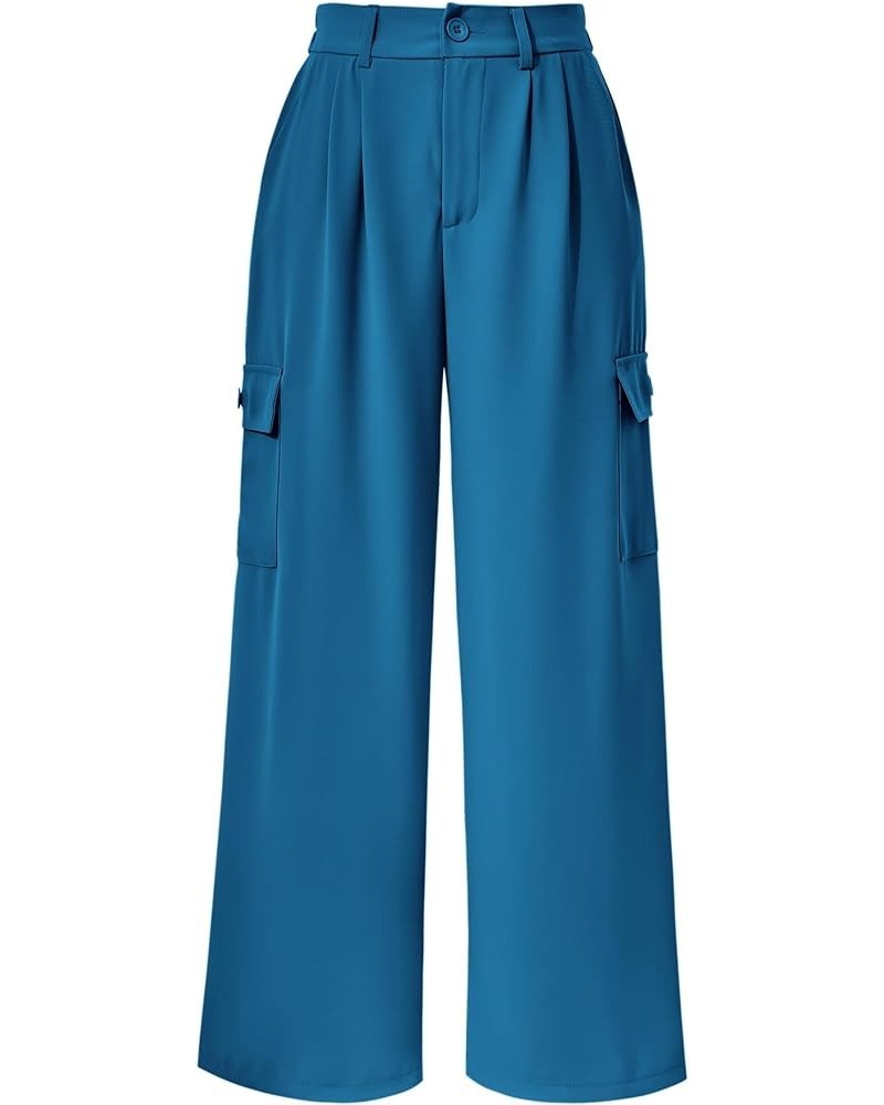 Women's Wide Leg Cargo Pants High Waist Business Casual Trousers Pant with Pockets Denim Blue $20.51 Pants