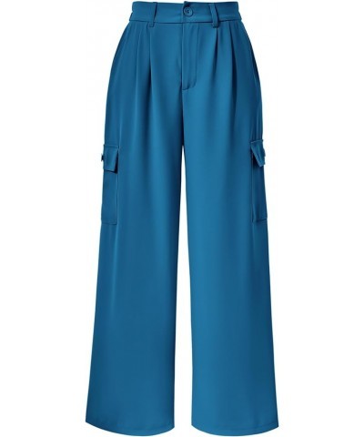 Women's Wide Leg Cargo Pants High Waist Business Casual Trousers Pant with Pockets Denim Blue $20.51 Pants