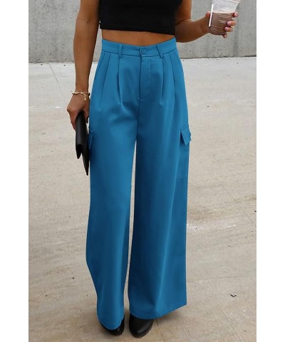 Women's Wide Leg Cargo Pants High Waist Business Casual Trousers Pant with Pockets Denim Blue $20.51 Pants