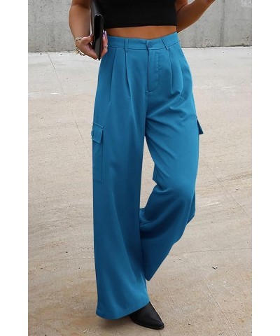 Women's Wide Leg Cargo Pants High Waist Business Casual Trousers Pant with Pockets Denim Blue $20.51 Pants