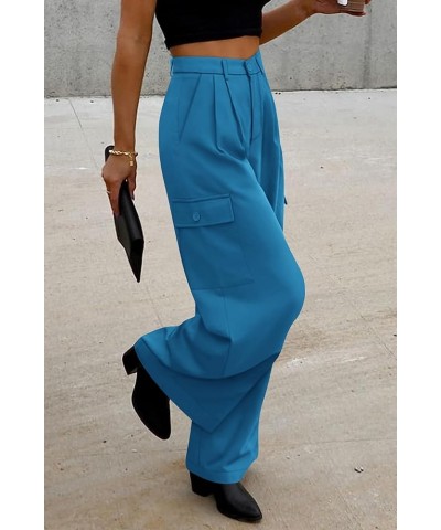 Women's Wide Leg Cargo Pants High Waist Business Casual Trousers Pant with Pockets Denim Blue $20.51 Pants