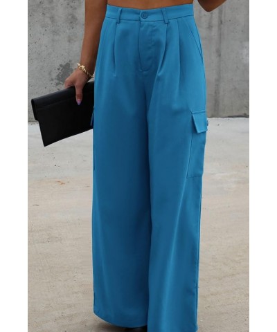 Women's Wide Leg Cargo Pants High Waist Business Casual Trousers Pant with Pockets Denim Blue $20.51 Pants