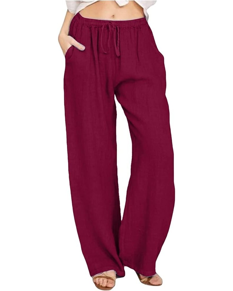 Linen Pants for Women Wide Leg High Waisted Loose Fit Palazzo Pants Casual Beach Trendy Trouses with Pockets Zly B-wine $11.3...