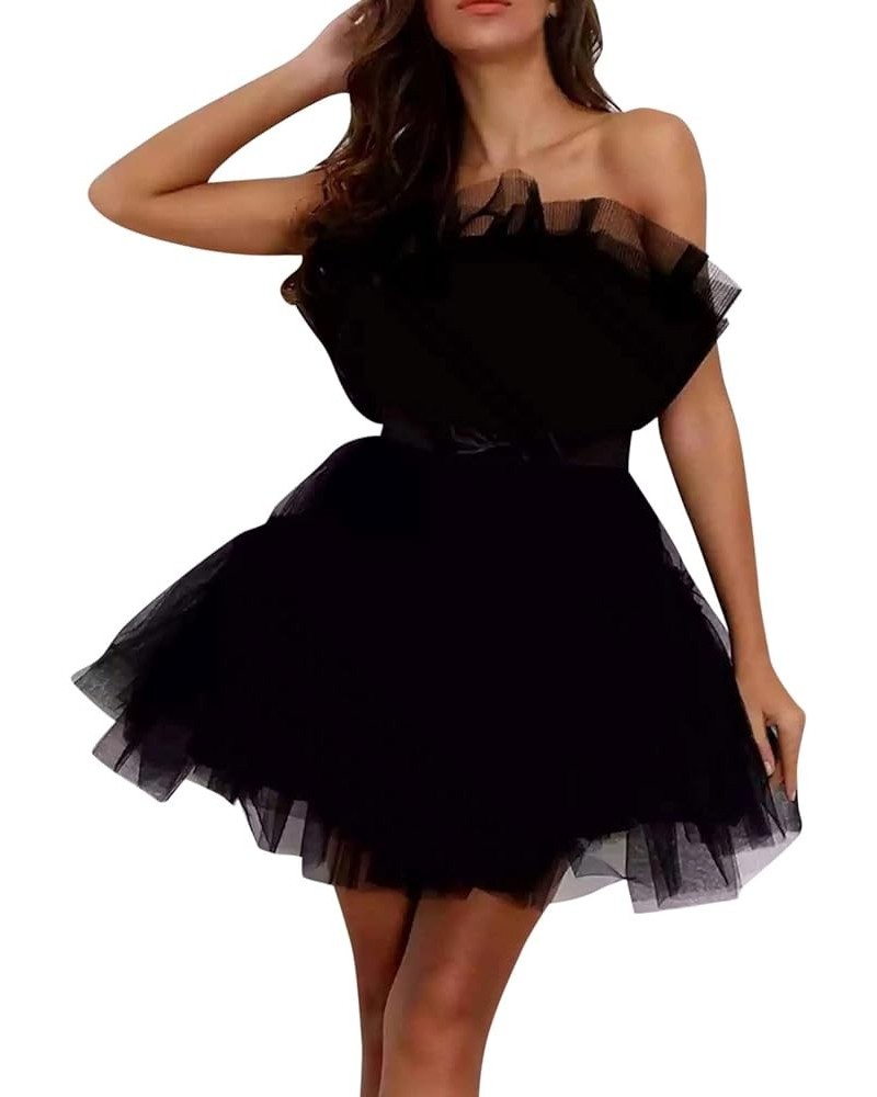 Tulle Dress Women Short Puffy Prom Dress Strapless Mesh Birthday Fairy Dresses Ruffle Cocktail Party Poofy Gown A1-black $13....