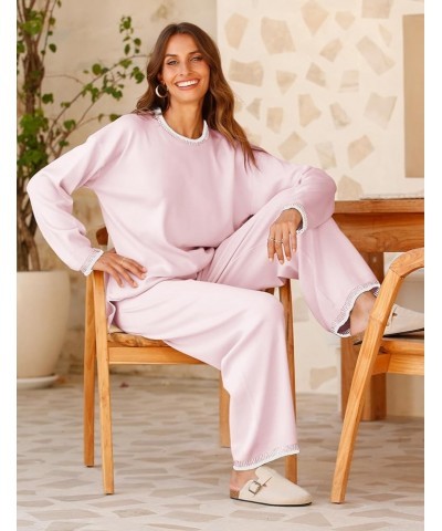 Women's Sweater Sets 2 Piece Outfits Knitted Pullover Jumper and Wide Leg Pants Tracksuit Pink $31.89 Activewear