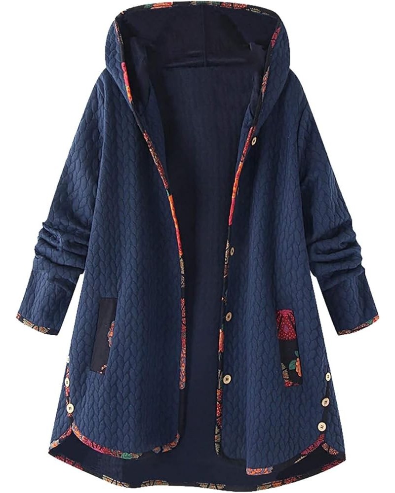 Winter Warm Outwear for Womens Floral Print Hooded Vintage Oversize Coats Pockets 090 Navy $10.56 Coats