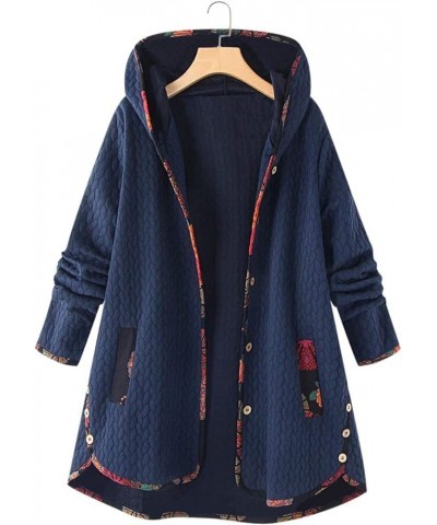 Winter Warm Outwear for Womens Floral Print Hooded Vintage Oversize Coats Pockets 090 Navy $10.56 Coats