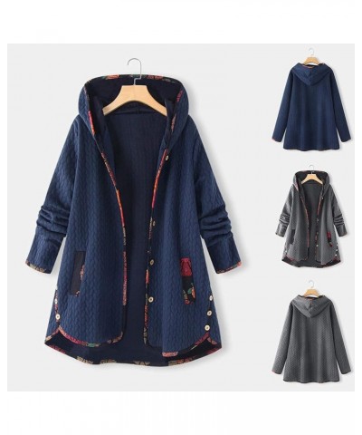 Winter Warm Outwear for Womens Floral Print Hooded Vintage Oversize Coats Pockets 090 Navy $10.56 Coats