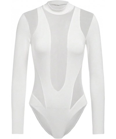 Women's Sheer Mesh Mock Neck Long Sleeve Sexy Bodysuit Party Night Top White $20.15 Bodysuits