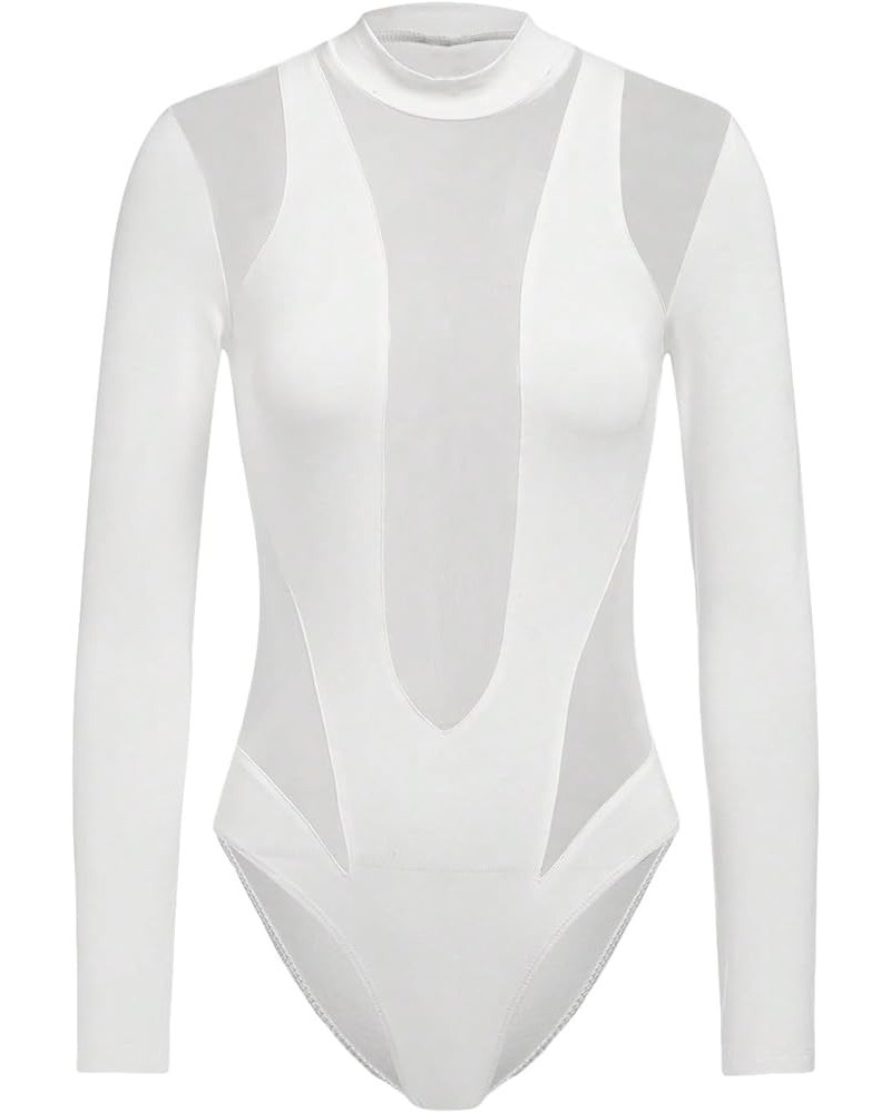 Women's Sheer Mesh Mock Neck Long Sleeve Sexy Bodysuit Party Night Top White $20.15 Bodysuits