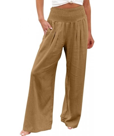 Linen Pants for Women Wide Leg Casual Summer Elastic High Waisted Palazzo Pant Baggy Flowy Beach Trousers with Pocket A20 Yel...