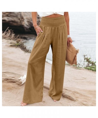 Linen Pants for Women Wide Leg Casual Summer Elastic High Waisted Palazzo Pant Baggy Flowy Beach Trousers with Pocket A20 Yel...