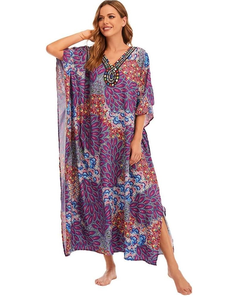 Women Long Tunic Dress Kaftan Maxi Dress Batwing 3/4 Sleeve Plus Size Summer Dress Purple Multicolor 094 $11.80 Swimsuits