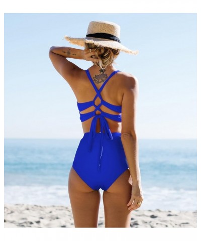 Women High Waisted Swimsuit Halter Triangle Bikini Push Up Swimwear Blue2 $23.36 Swimsuits