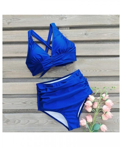 Women High Waisted Swimsuit Halter Triangle Bikini Push Up Swimwear Blue2 $23.36 Swimsuits