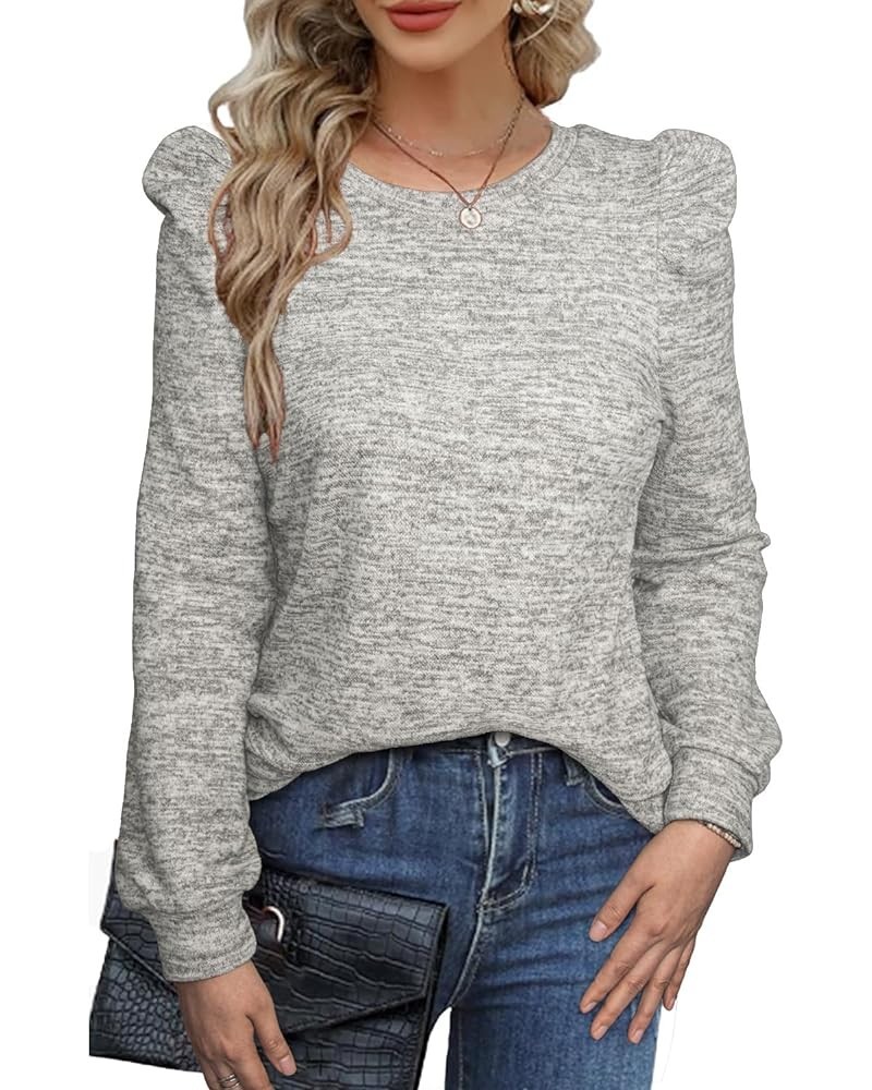 Women's Puff Long Sleeve Shirts Round Neck Casual Knit Blouses Lightweight Fall Sweaters Tunic Tops B-grey $9.00 Tops