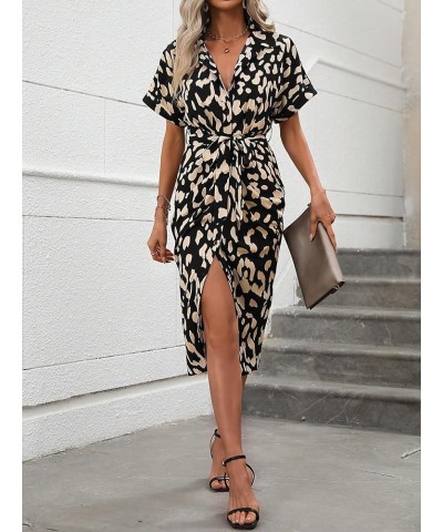 Women's Printed Button Up Belted Midi Dress Wrap Short Sleeve Collar Shirt Dresses Black and Khaki $20.58 Dresses