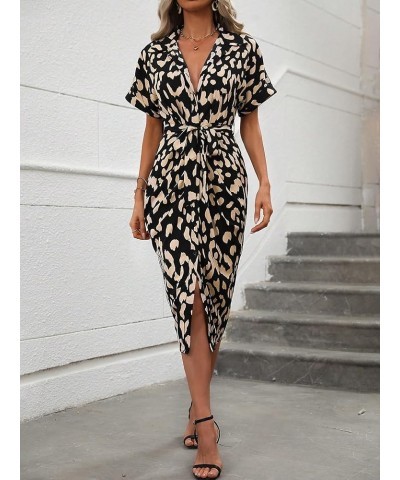 Women's Printed Button Up Belted Midi Dress Wrap Short Sleeve Collar Shirt Dresses Black and Khaki $20.58 Dresses