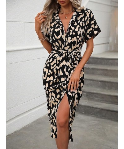 Women's Printed Button Up Belted Midi Dress Wrap Short Sleeve Collar Shirt Dresses Black and Khaki $20.58 Dresses