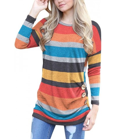 Women's Casual Long Sleeve Tunic Tops Fall Tshirt Blouses Red-orange Striped $15.51 Tops