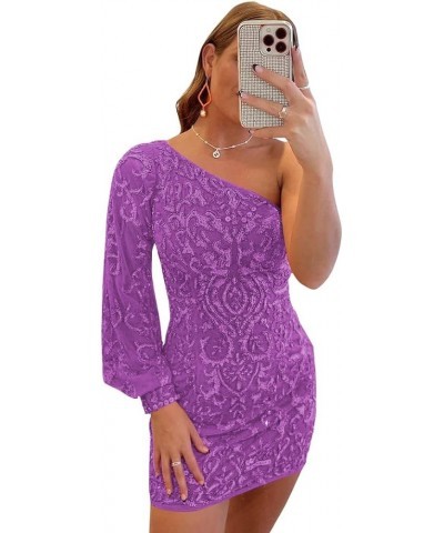 Sparkly Sequin Lace Homecoming Dresses for Teens Puffy Sleeve One Shoulder Mini Prom Cocktail Gown Lavender $25.30 Dresses