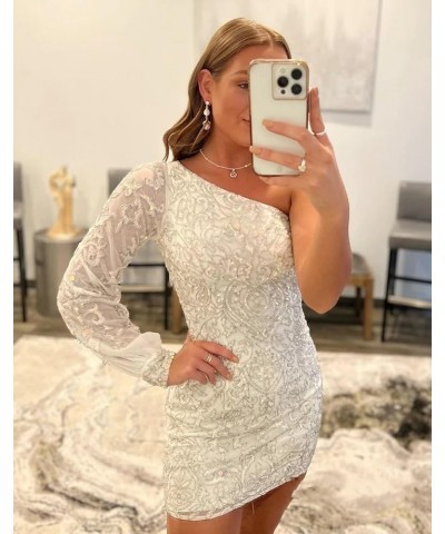 Sparkly Sequin Lace Homecoming Dresses for Teens Puffy Sleeve One Shoulder Mini Prom Cocktail Gown Lavender $25.30 Dresses