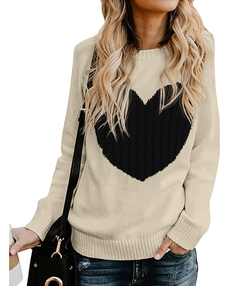 Women's Pullover Sweater Round Neck Short Sleeve/Long Sleeve Heart-Shaped Sweater A06-khaki-black $20.64 Sweaters