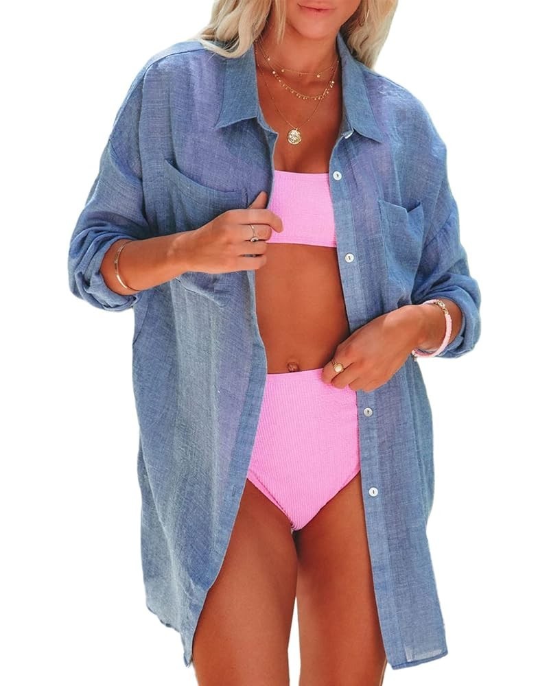 Womens Cotton Button Down Long Sleeve Shirts Bathing Suit Cover Ups Summer Cardigans with Pockets Blue $16.56 Swimsuits