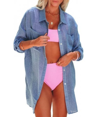 Womens Cotton Button Down Long Sleeve Shirts Bathing Suit Cover Ups Summer Cardigans with Pockets Blue $16.56 Swimsuits