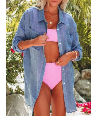 Womens Cotton Button Down Long Sleeve Shirts Bathing Suit Cover Ups Summer Cardigans with Pockets Blue $16.56 Swimsuits