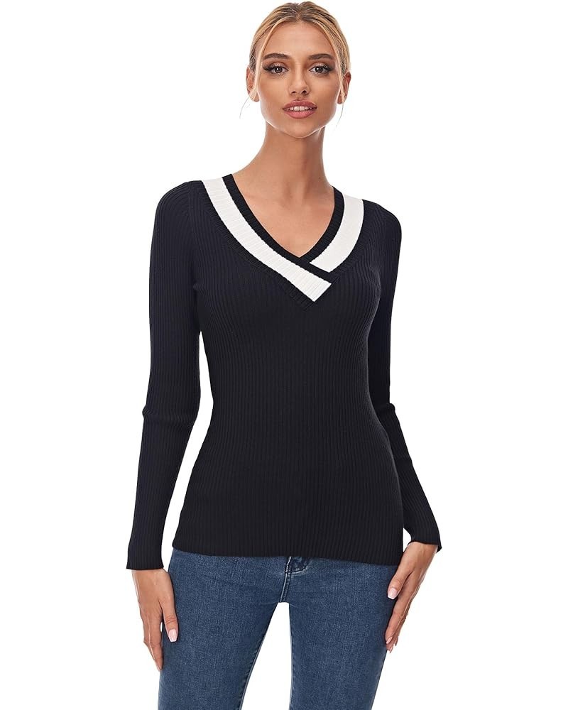 Women Casual Color Trim V Neck Long Sleeve Ribbed Sweater Tops Black and Ivory White $18.48 Sweaters