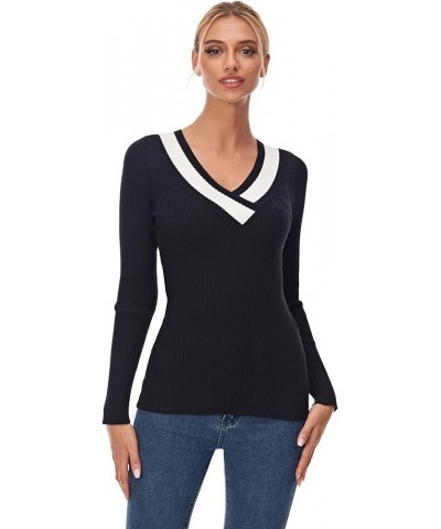 Women Casual Color Trim V Neck Long Sleeve Ribbed Sweater Tops Black and Ivory White $18.48 Sweaters