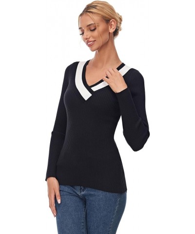 Women Casual Color Trim V Neck Long Sleeve Ribbed Sweater Tops Black and Ivory White $18.48 Sweaters