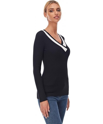 Women Casual Color Trim V Neck Long Sleeve Ribbed Sweater Tops Black and Ivory White $18.48 Sweaters