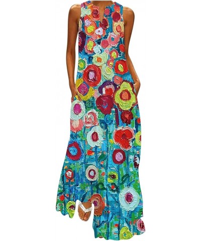 Summer Dresses for Women Floral Print Maxi Dress with Pockets Long Dress Sleeveless Sundress Blue $11.39 Activewear