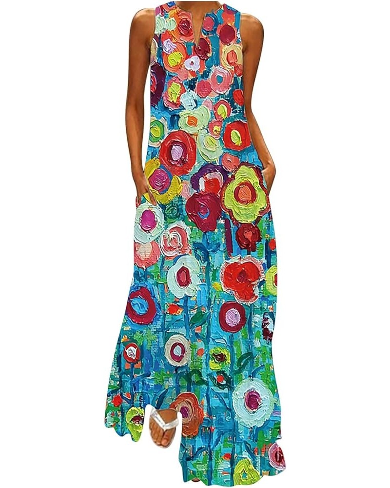 Summer Dresses for Women Floral Print Maxi Dress with Pockets Long Dress Sleeveless Sundress Blue $11.39 Activewear