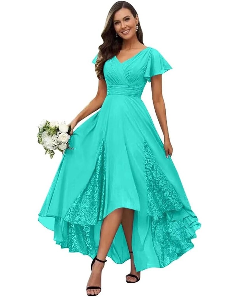 Tea Length Mother of The Bride Dresses for Wedding Lace Chiffon Bridesmaid Dresses with Sleeve 815 Turquoise $28.60 Dresses