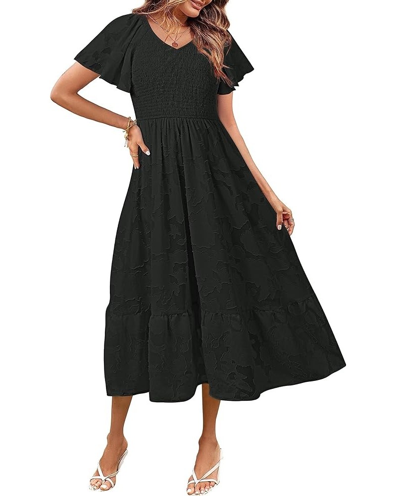 Womens 2024 Summer V Neck Ruffle Sleeve Floral Dress Lace Flowy Smocked Midi Dresses Black $23.50 Dresses