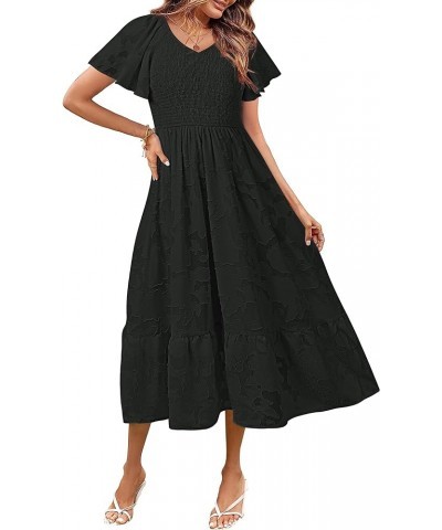 Womens 2024 Summer V Neck Ruffle Sleeve Floral Dress Lace Flowy Smocked Midi Dresses Black $23.50 Dresses