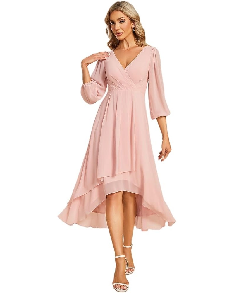 Women's Chiffon Spring V Neck Long Sleeves Pleated A-Line Midi Length Wedding Guest Dress 01926 Pink $29.24 Dresses