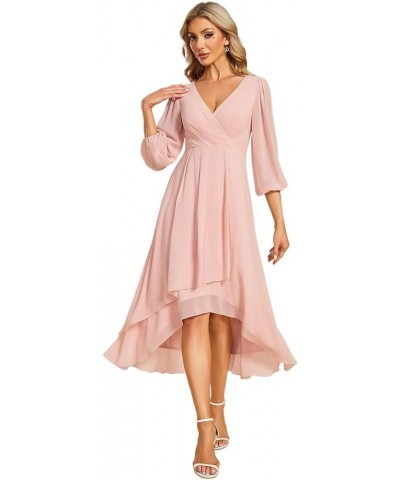 Women's Chiffon Spring V Neck Long Sleeves Pleated A-Line Midi Length Wedding Guest Dress 01926 Pink $29.24 Dresses