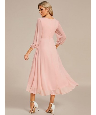 Women's Chiffon Spring V Neck Long Sleeves Pleated A-Line Midi Length Wedding Guest Dress 01926 Pink $29.24 Dresses