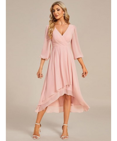 Women's Chiffon Spring V Neck Long Sleeves Pleated A-Line Midi Length Wedding Guest Dress 01926 Pink $29.24 Dresses