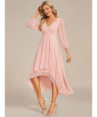 Women's Chiffon Spring V Neck Long Sleeves Pleated A-Line Midi Length Wedding Guest Dress 01926 Pink $29.24 Dresses