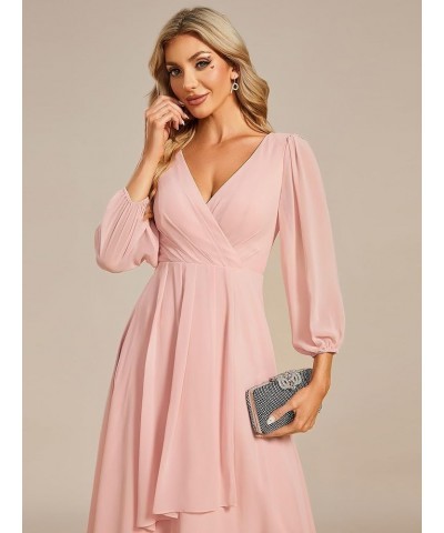 Women's Chiffon Spring V Neck Long Sleeves Pleated A-Line Midi Length Wedding Guest Dress 01926 Pink $29.24 Dresses