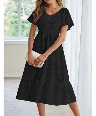 Womens 2024 Summer V Neck Ruffle Sleeve Floral Dress Lace Flowy Smocked Midi Dresses Black $23.50 Dresses